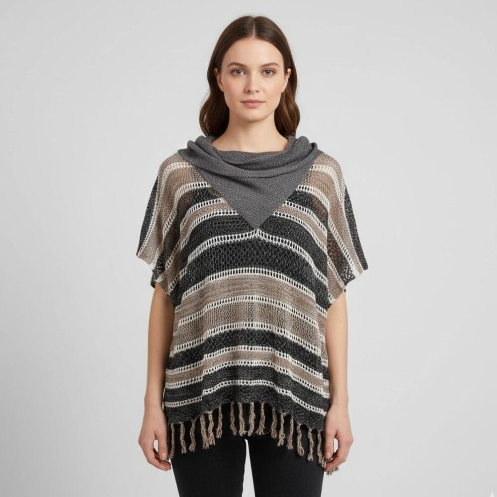 Democracy Knit Poncho Womens Size Large Striped Multicolor Fringe Sweater